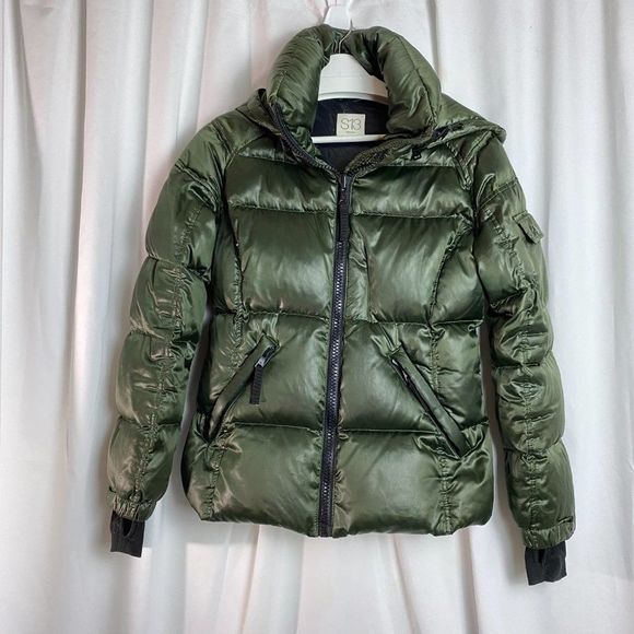 S13 Kylie Metallic Green Down Hooded Puffer Jacket - Picture 2 of 16